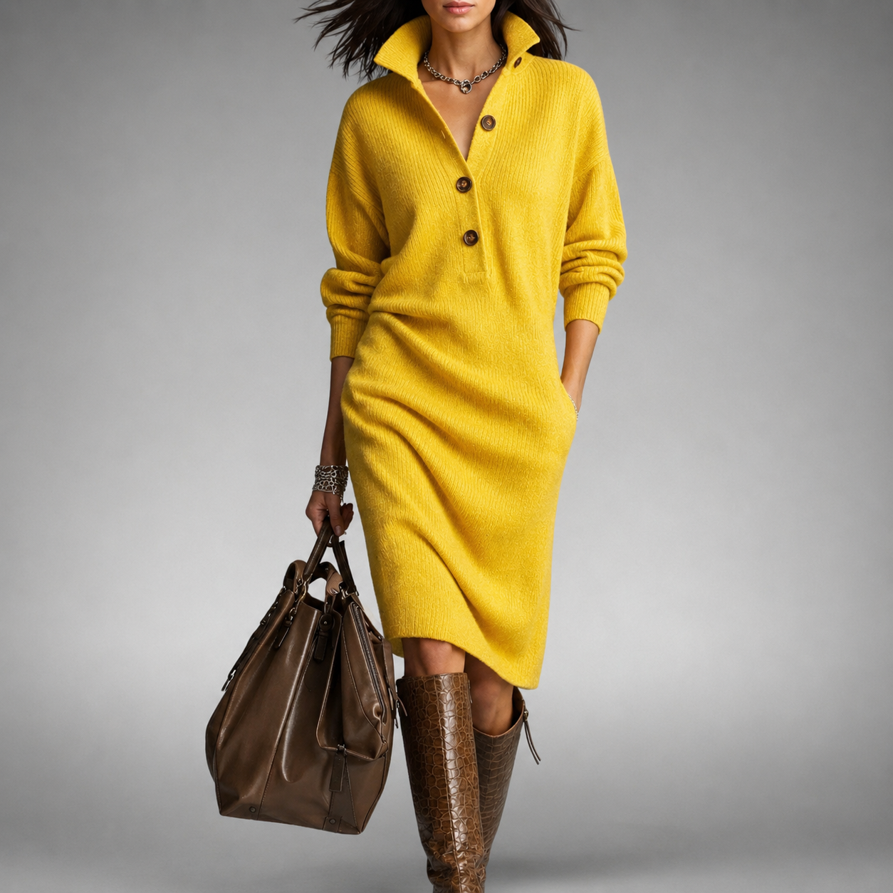 Elise™ | Cozy Button-Neck Sweater Dress