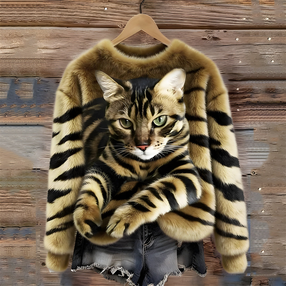 Warm Sweater with Cat Print