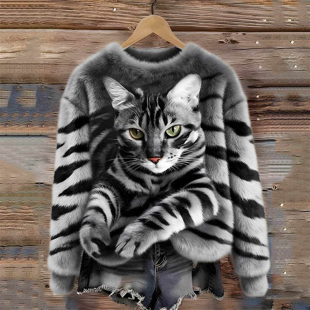 Warm Sweater with Cat Print