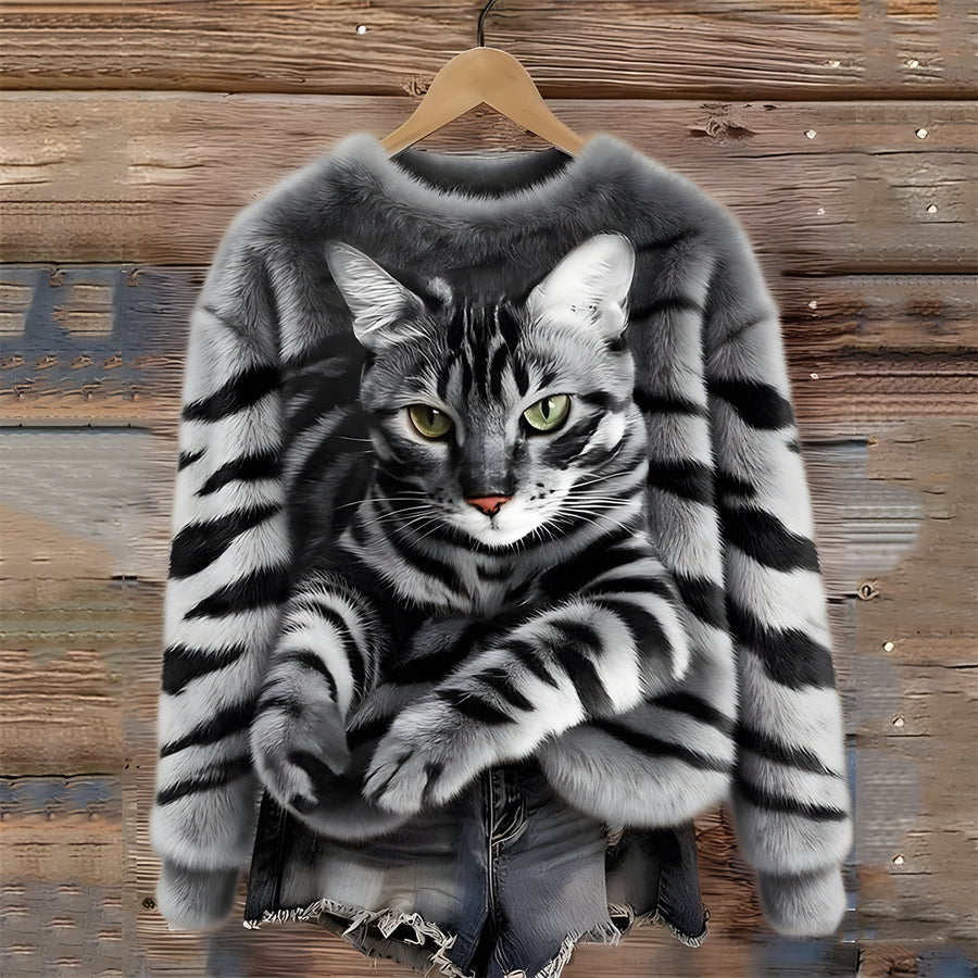 Warm Sweater with Cat Print