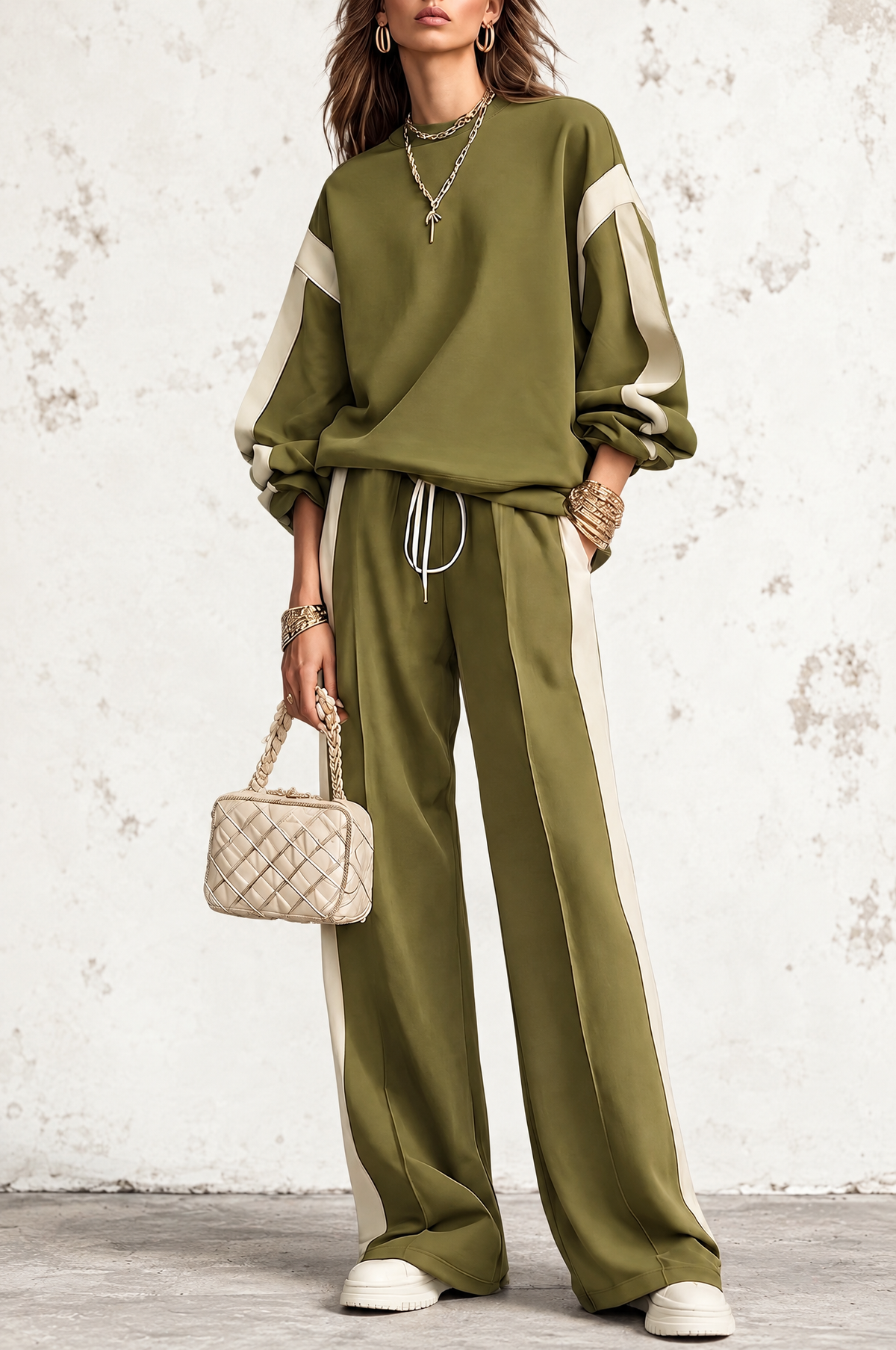 Sonia | Olive Green Complete Sweatshirt Set with Drawstring Wide Pants