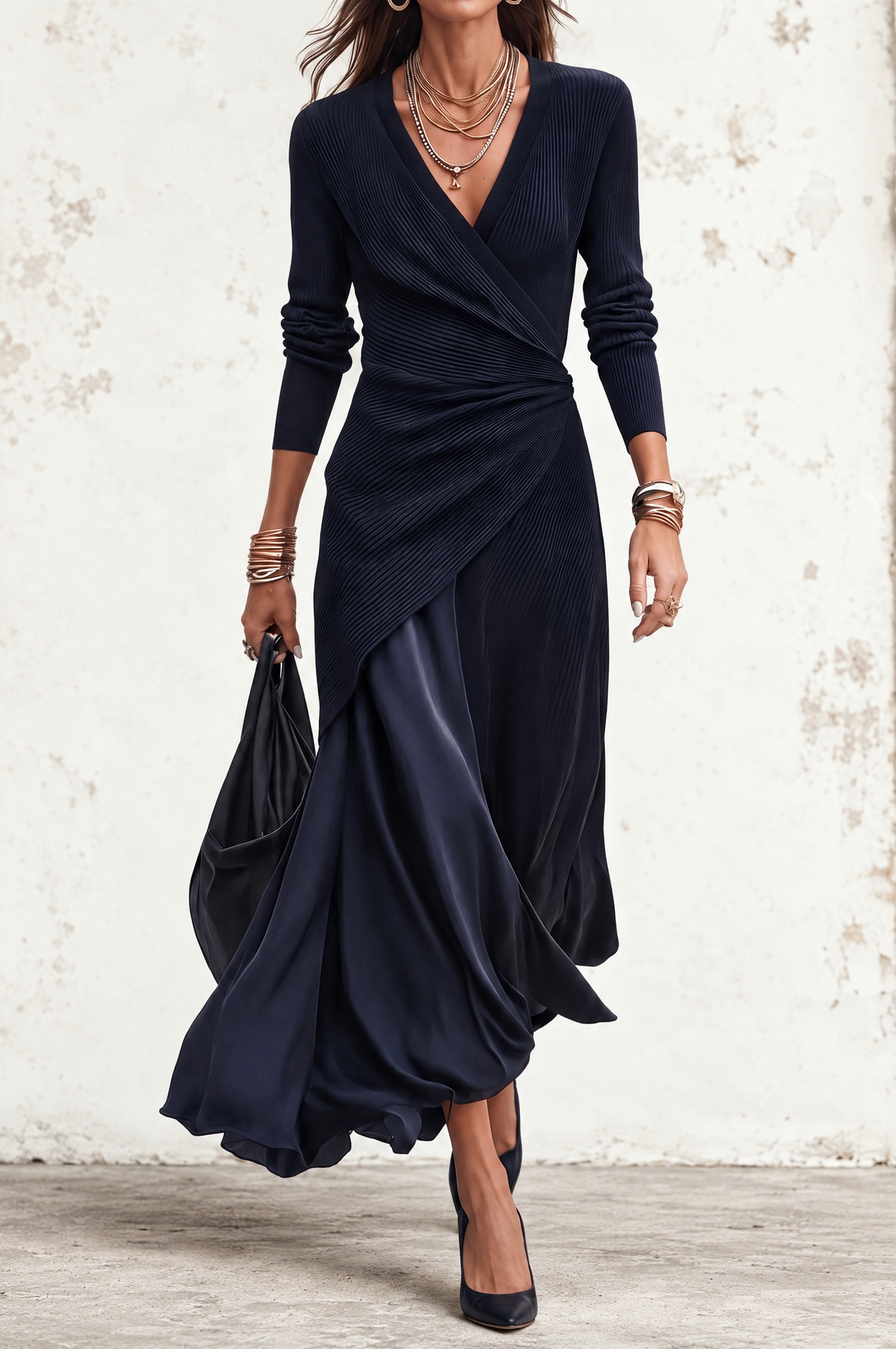 Lorena | V-Neck Asymmetrical Long Dress with Navy Blue Satin Accents