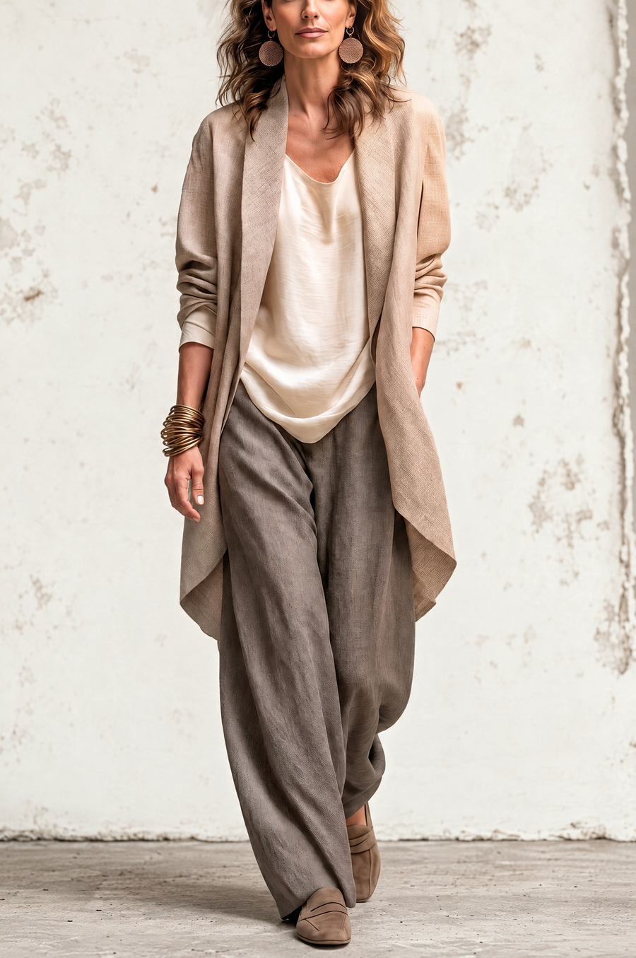 Costanza | Beige and Gray Three-Piece Set Featuring Palazzo Pants