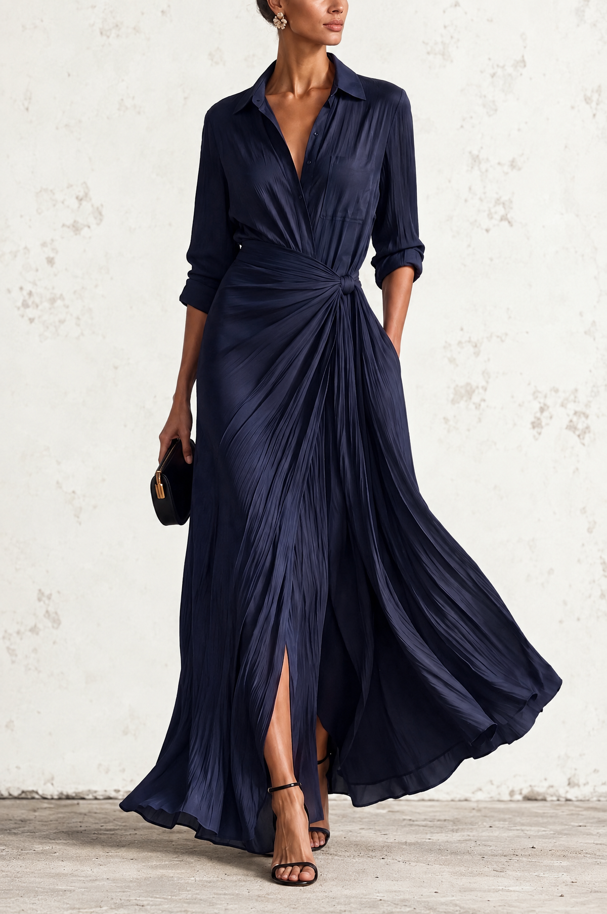 Gabriella | Navy Blue Long Shirt Dress with Waist Tie