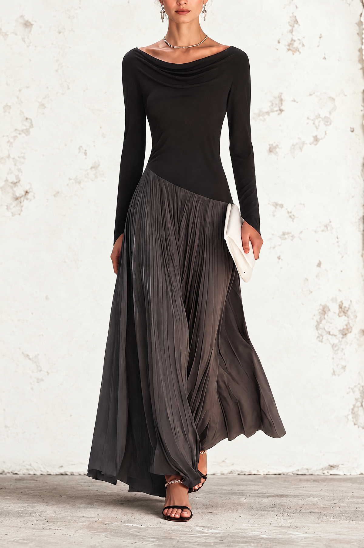 Marina | Black and Gray Long Pleated Dress with Draped Neckline