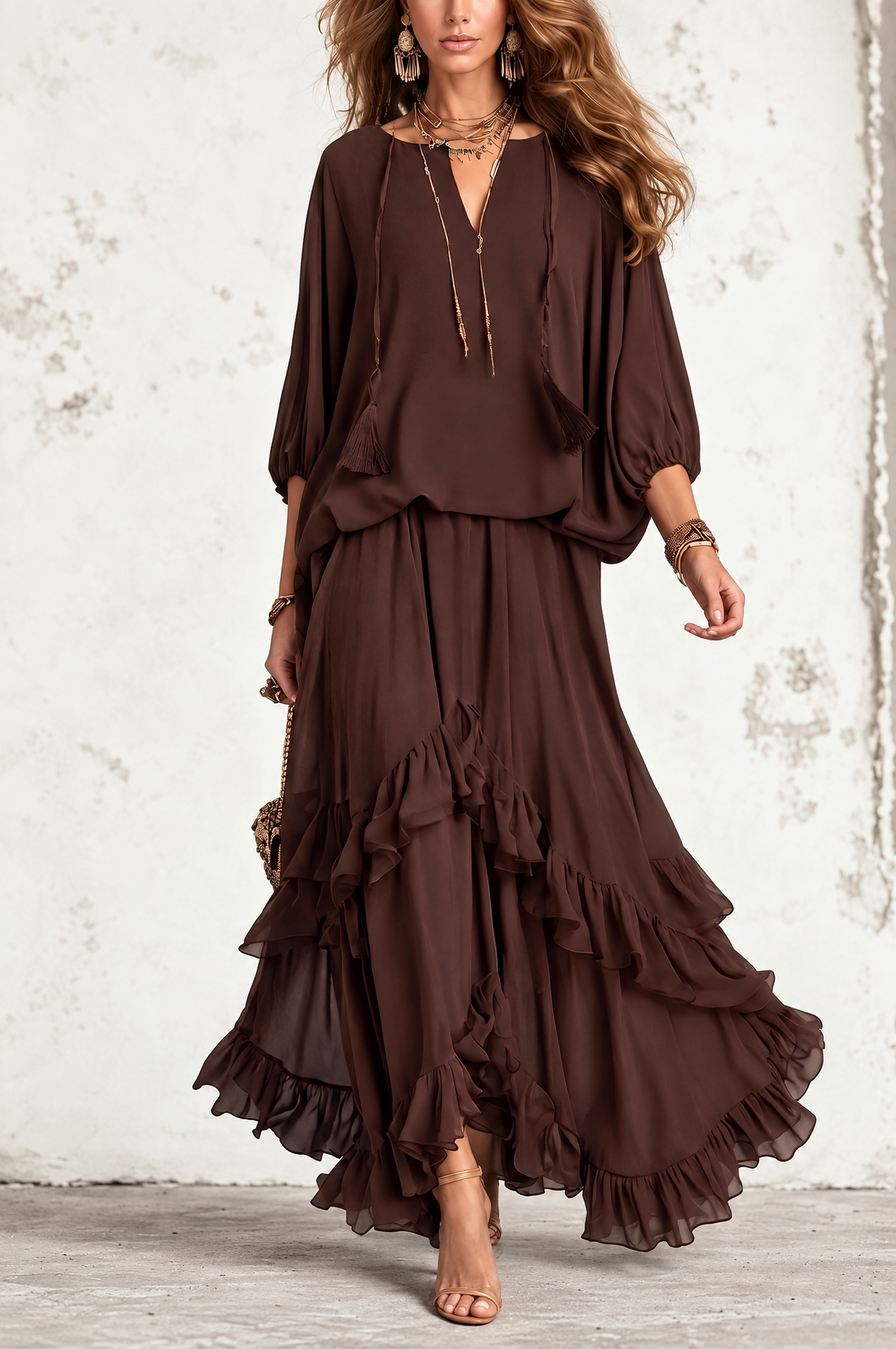 Manuela | Brown Chiffon Top with Fringes and Ruffled Skirt