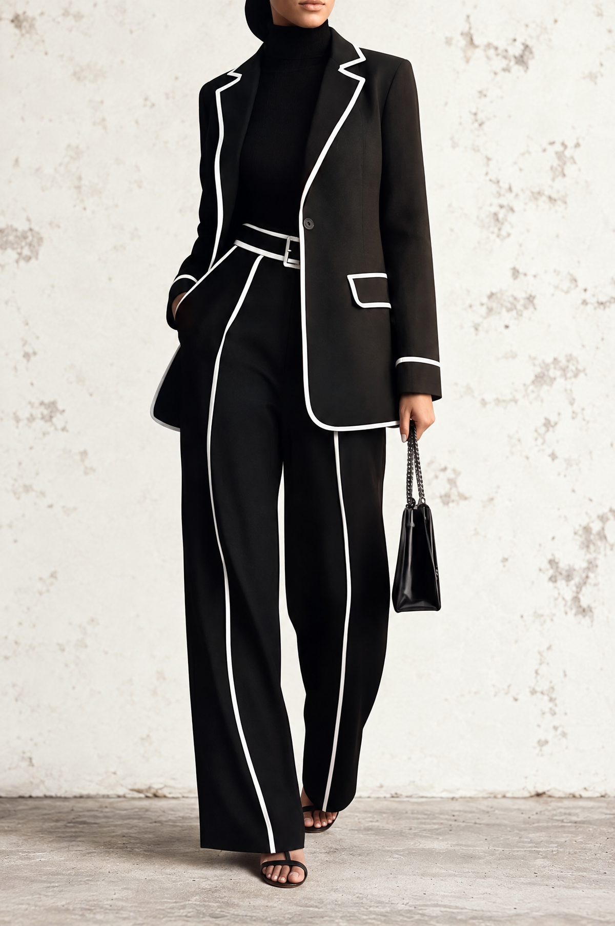 Claudia | Black Blazer and Wide-Leg Pants Set with Contrast Trim