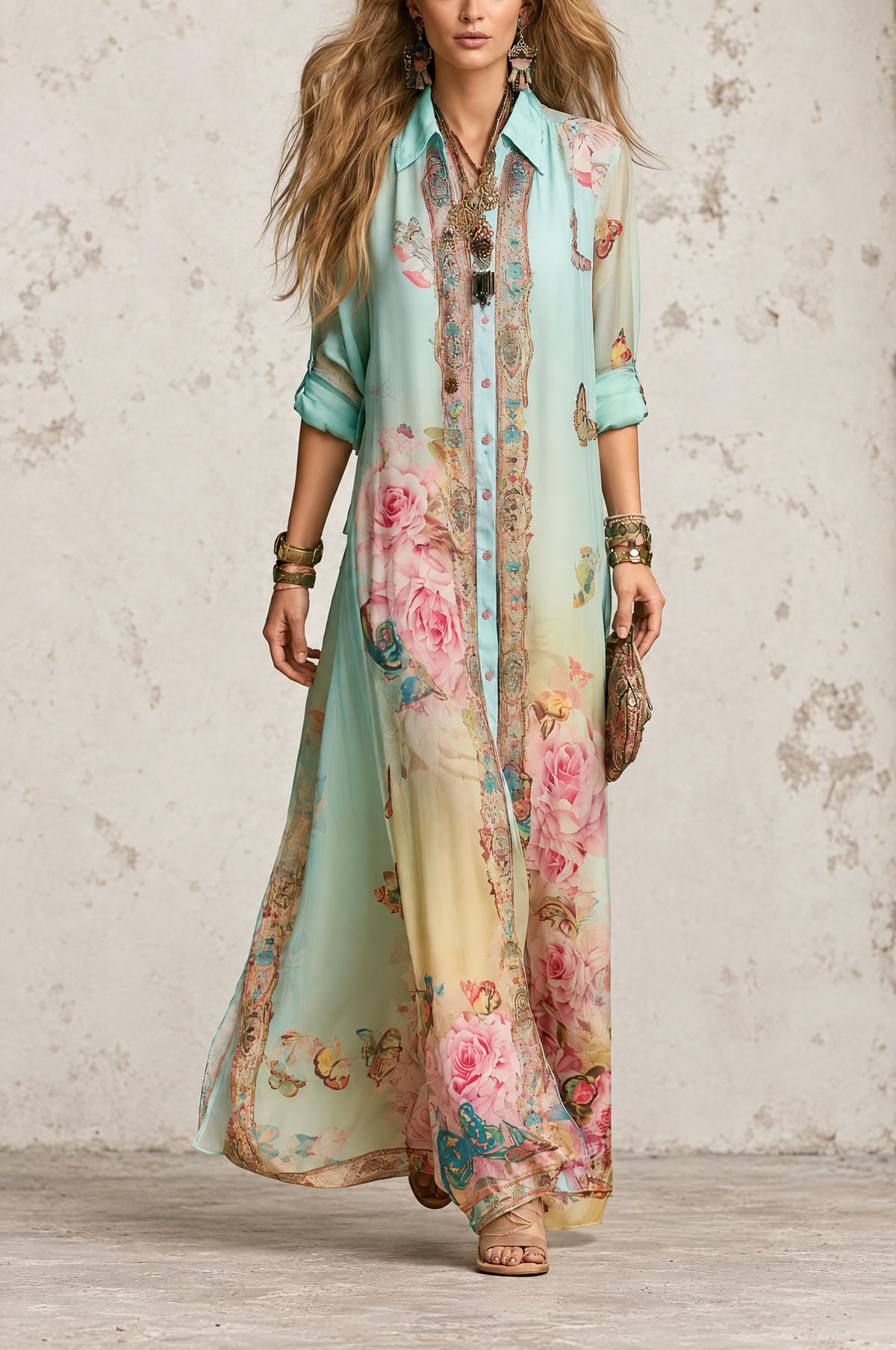 Mónica | Elegant Long Chiffon Dress Featuring Baroque Floral Design