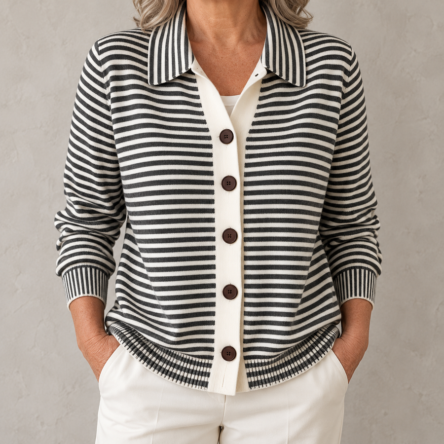 Nola striped button cardigan in Black on a warm gray background
