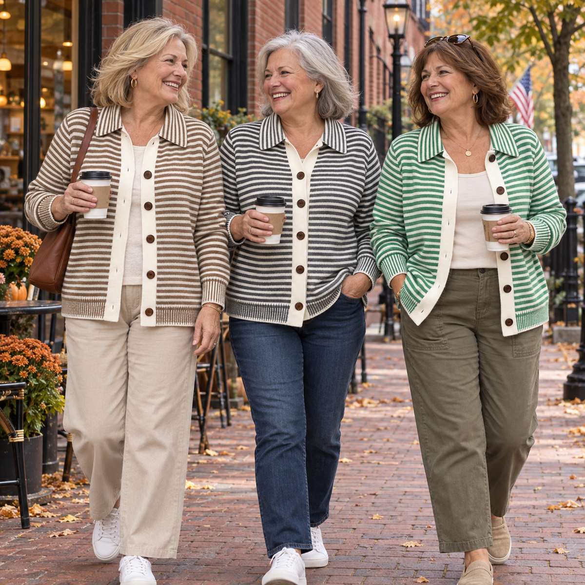 Three women wearing Nola cardigans in Boston