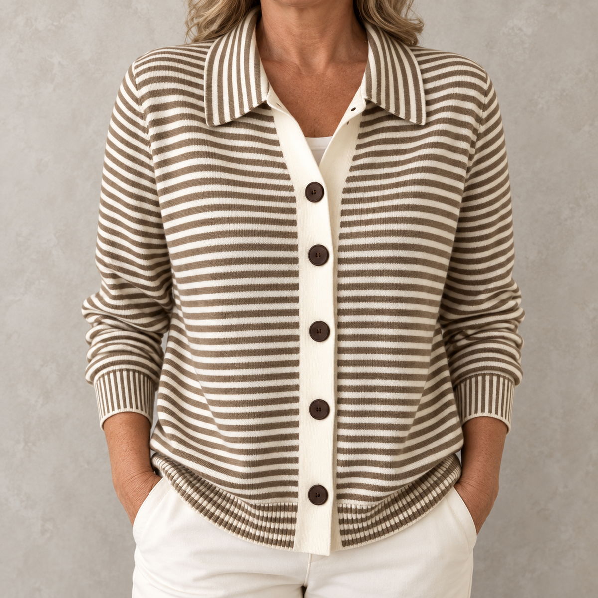 Nola striped button cardigan in Brown on a warm gray background