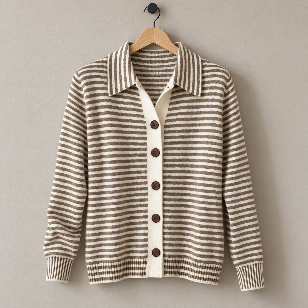Nola striped button cardigan in Brown on a hanger