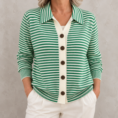 Nola striped button cardigan in Green on a warm gray background