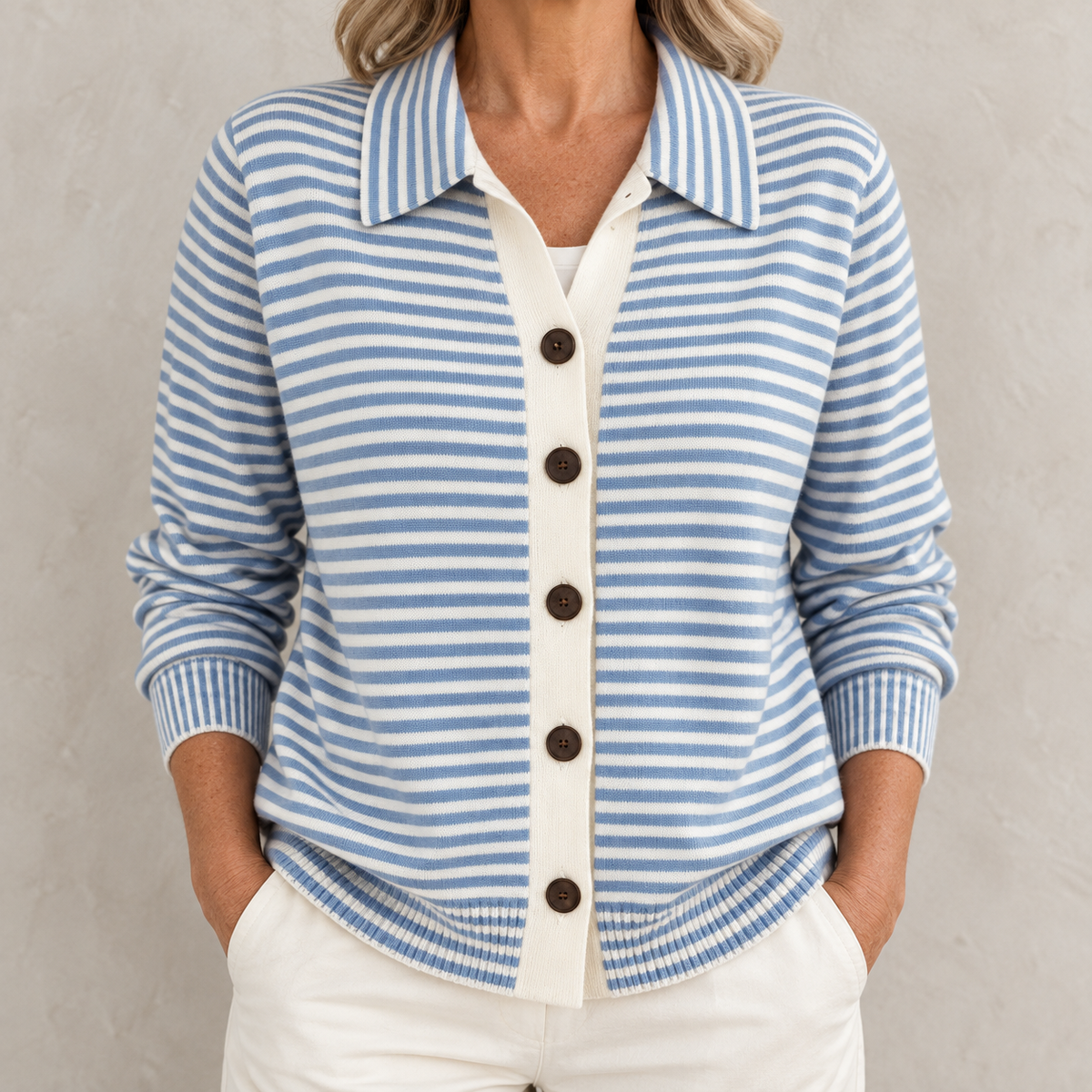 Nola striped button cardigan in Light Blue on a warm gray background