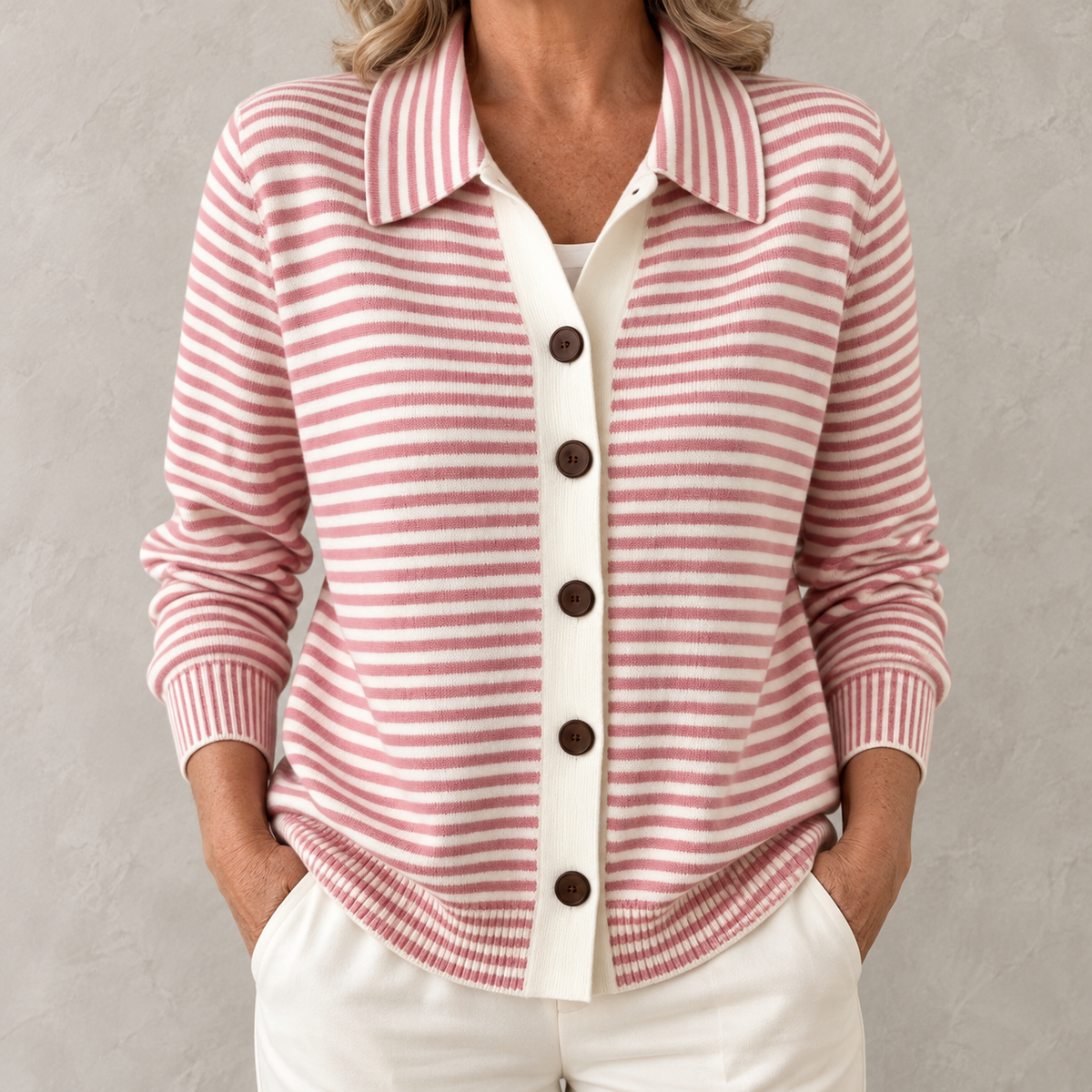 Nola striped button cardigan in Pink on a warm gray background