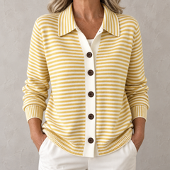 Nola striped button cardigan in Yellow on a warm gray background