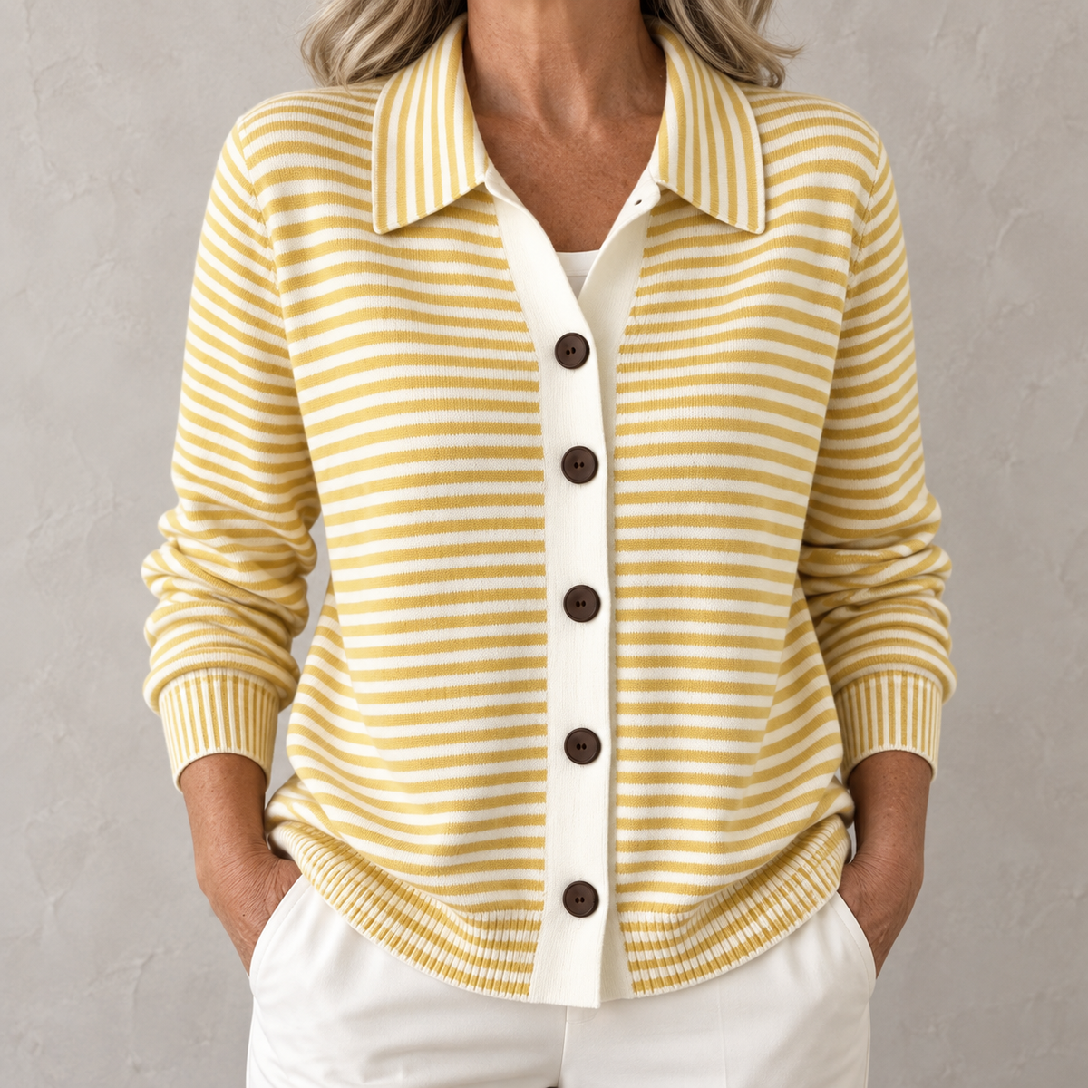Nola striped button cardigan in Yellow on a warm gray background